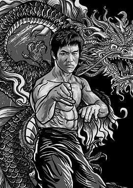 Bruce Lee and Dragon Illustration