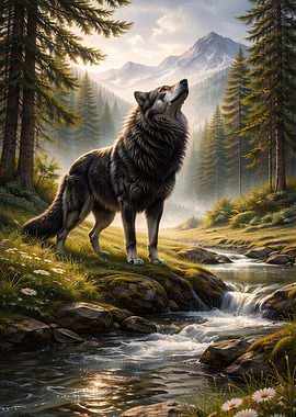 Wolf howling in a mountain forest