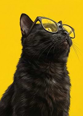 Black cat wearing yellow glasses