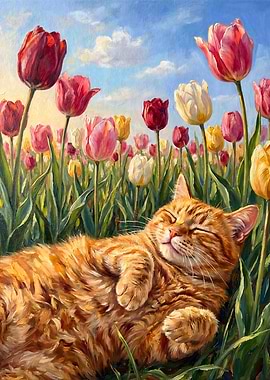 Orange Cat Sleeping in Tulips