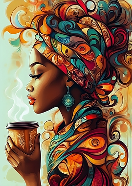 Woman in Colorful Turban with Coffee