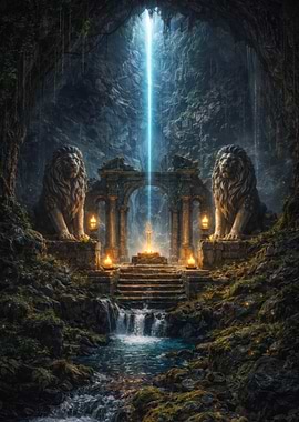 Mystical Cave Entrance with Lion Statues