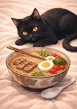 Black Cat with Ramen Bowl