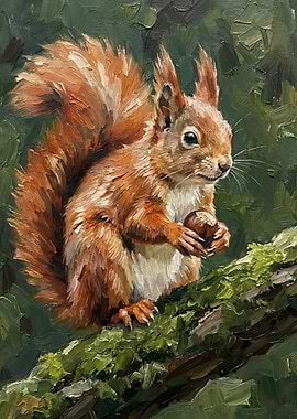 Oil Painting of a Squirrel Holding a Nut