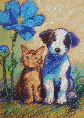Puppy and Kitten Under a Blue Flower