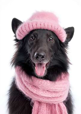 Cozy Belgian Sheepdog Wearing Pink Hat and Scarf
