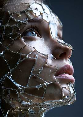 Woman's Face Covered in Broken Glass