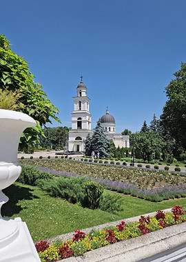 Cathedral with manicured gardens