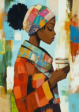 Woman with Coffee in Colorful Outfit