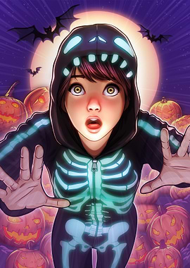 Scared girl in skeleton costume for Halloween