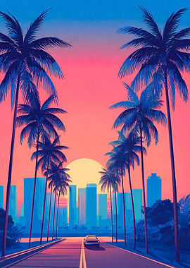 Retro Sunset Drive with Palm Trees