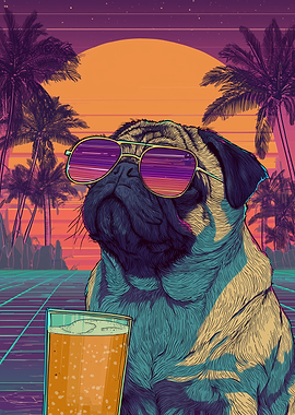 Retro Pug with Sunglasses and Beer