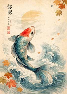 Koi Fish Jumping Through Waves