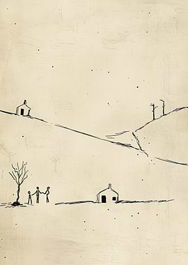 Minimalist Landscape with Figures and Houses