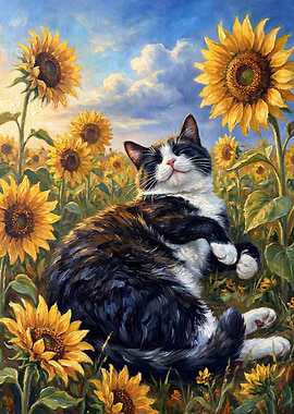 Tuxedo Cat in Sunflower Field