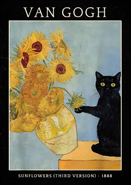 Van Gogh's Sunflowers with a Black Cat