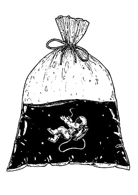 Astronaut floating in a bag of dark liquid