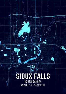 Sioux Falls South Dakota Midnight City Map