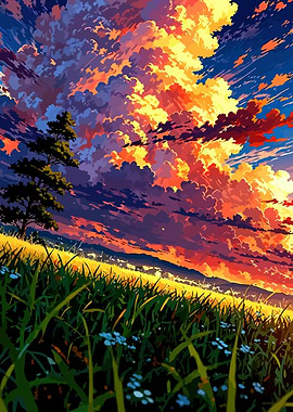 Dramatic Sunset Over Grassy Hill