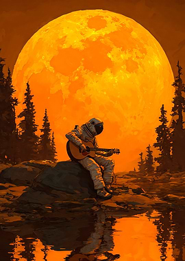 Astronaut Playing Guitar Orange Moon