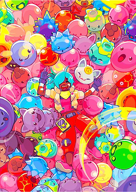 Joyful character surrounded by colorful slimes