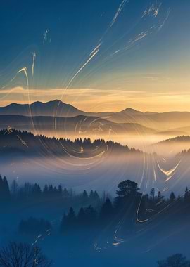 Misty Mountains with Swirling Light Trails
