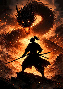 Samurai vs Dragon in Fire