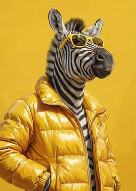 Stylish Zebra in Yellow Puffer Jacket