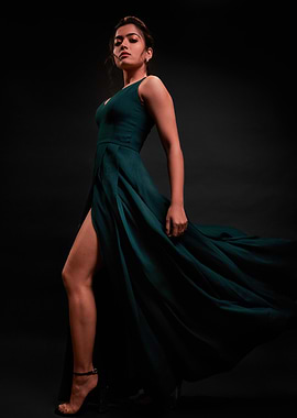 Rashmika Mandanna in a green dress with a slit