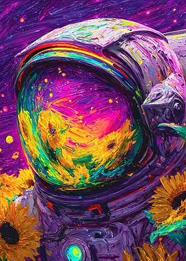 Colorful Impasto Astronaut Sunflower Portrait