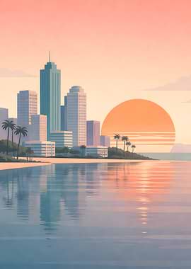 Retro Cityscape Sunset Reflection