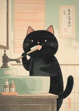 Black Cat Brushing Teeth in Bathroom