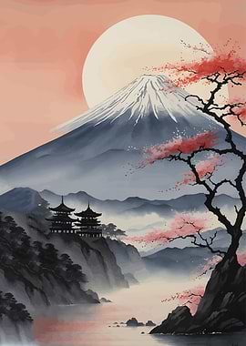 Mount Fuji with Cherry Blossoms and Pagodas