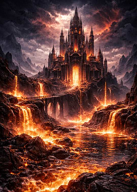 Fiery Castle in a Volcanic Landscape