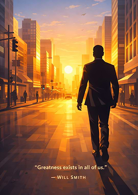 Man walking towards sunset in city