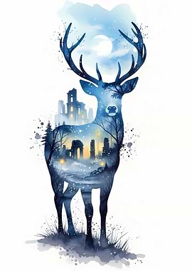 Deer blue Silhouette with Winter Cityscape