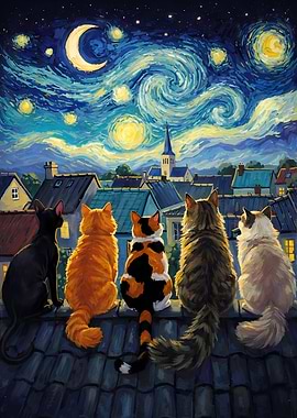 Cats on a Rooftop Under Starry Night Sky