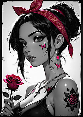 Tattoo Girl Red Bandana Rose