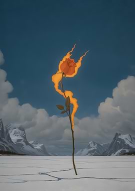 Rose on Fire in Snowy Landscape