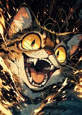 Crazy feral cat with fiery eyes