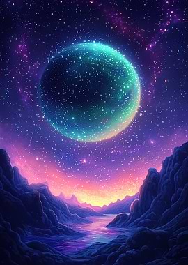 Cosmic Planet Over Alien Landscape