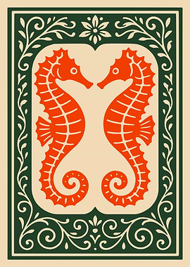 Two Orange Seahorses in Decorative Frame