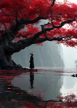 Samurai Under Red Maple Tree