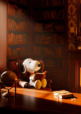 Snoopy Reading in a Library