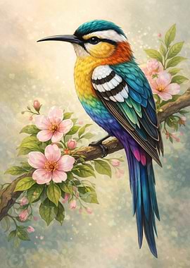 Colorful Bird on a Branch with Flowers
