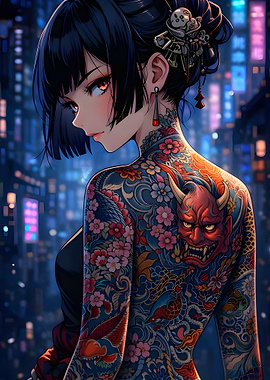 Tattooed Anime Woman in Neon City