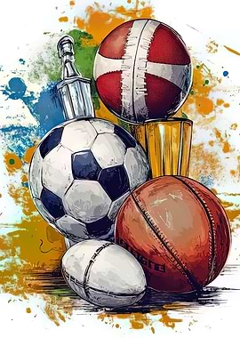 Sports Balls and Trophies Illustration