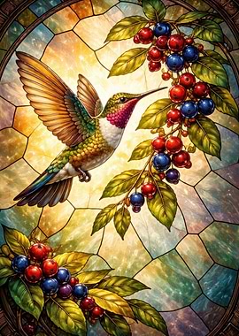 Hummingbird and Berries Stained Glass