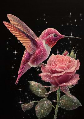 Sparkling Pink Hummingbird and Rose