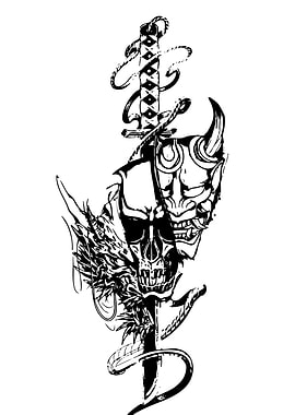 Japanese Oni Mask and Skull Tattoo Design